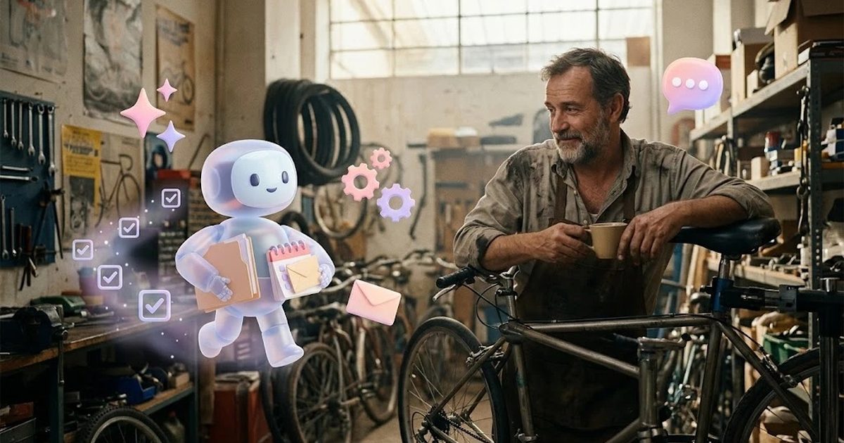 Asistente virtual llevando carpetas y un calendario en la trastienda de una tienda de bicicletas mientras el dueño lo supervisa