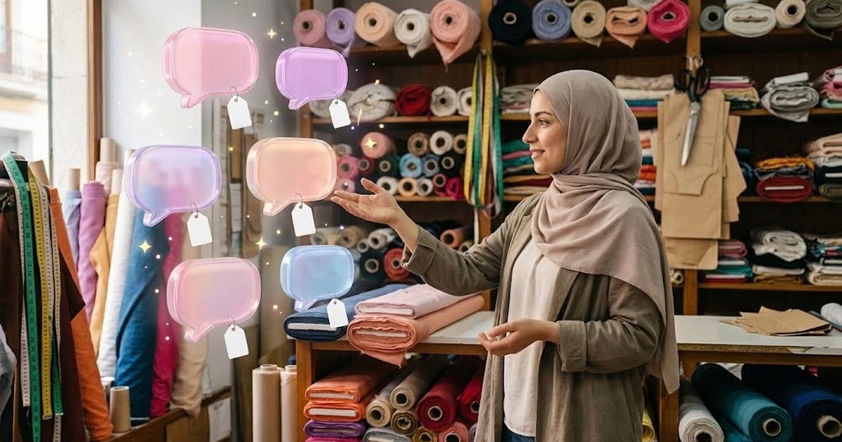 Dueña de una tienda de telas eligiendo entre varios asistentes de IA representados como burbujas de chat
