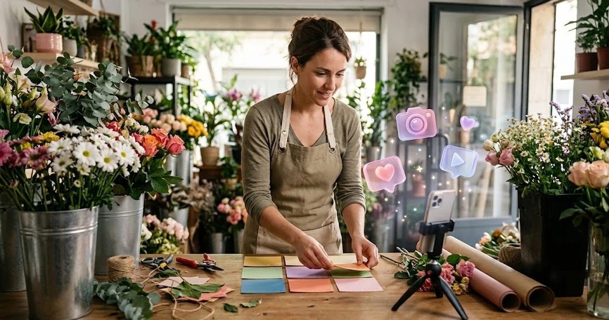 Florista organizando en su mesa de trabajo un calendario de publicaciones con tarjetas de colores