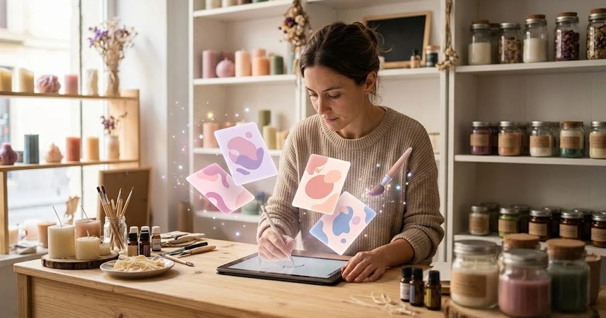 Dueña de una tienda de velas artesanales diseñando publicaciones en una tablet sobre el mostrador