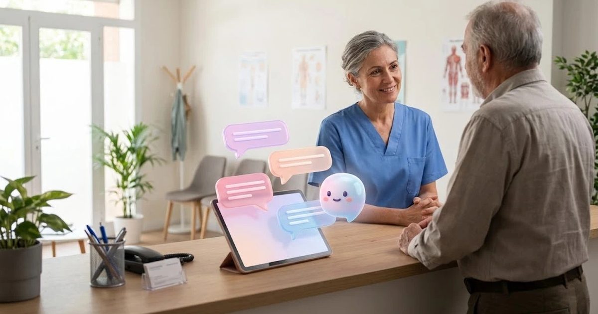 Dueña de una clínica de fisioterapia atendiendo a un paciente mientras un asistente virtual responde mensajes en la tablet del mostrador