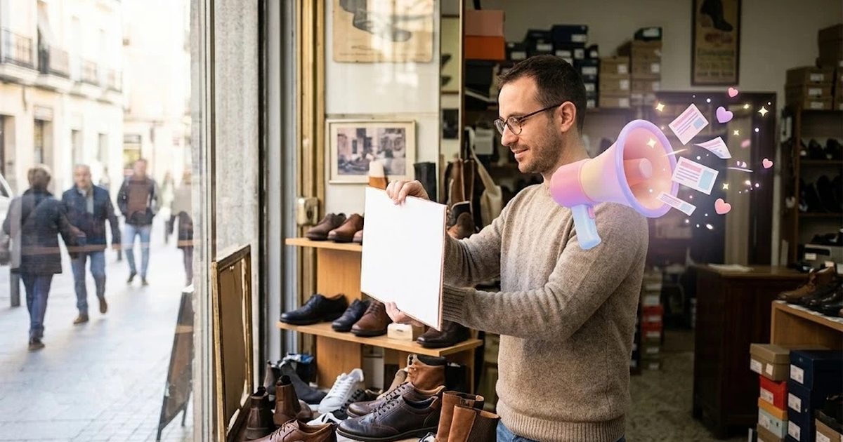 Dueño de una zapatería colocando un cartel en el escaparate mientras un megáfono lanza anuncios hacia el barrio