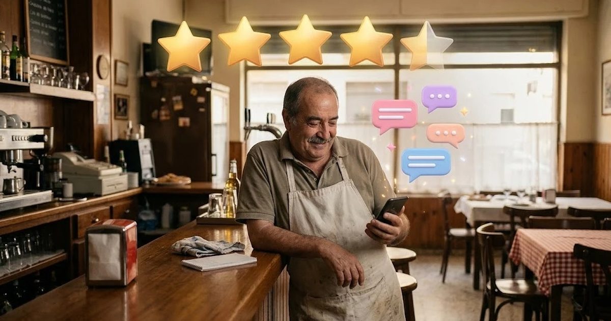 Dueño de un restaurante familiar respondiendo reseñas desde el móvil en la barra, con estrellas de valoración flotando