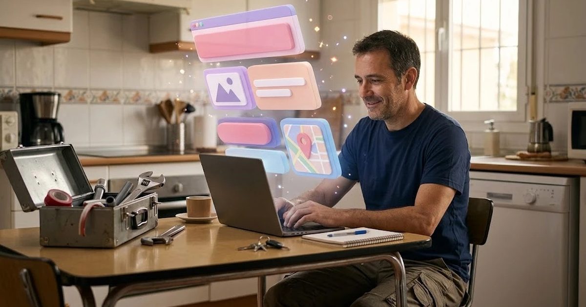 Fontanero autónomo viendo en su portátil cómo se monta la web de su negocio con IA