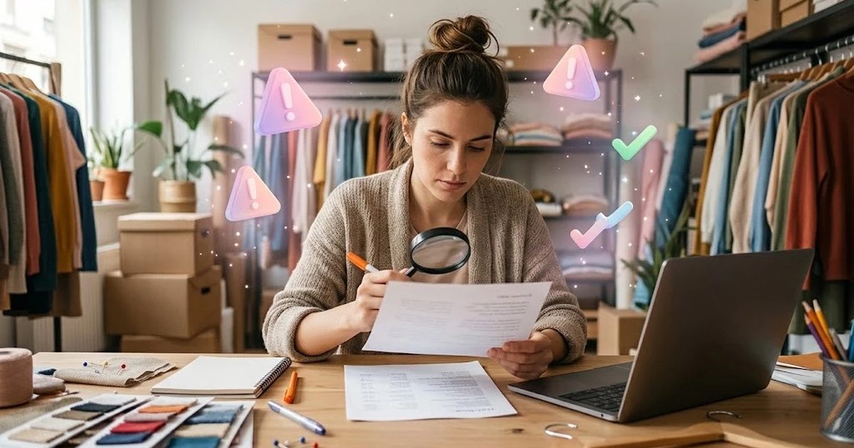 Dueña de una tienda revisando con una lupa un texto impreso generado por IA y marcando frases con un rotulador
