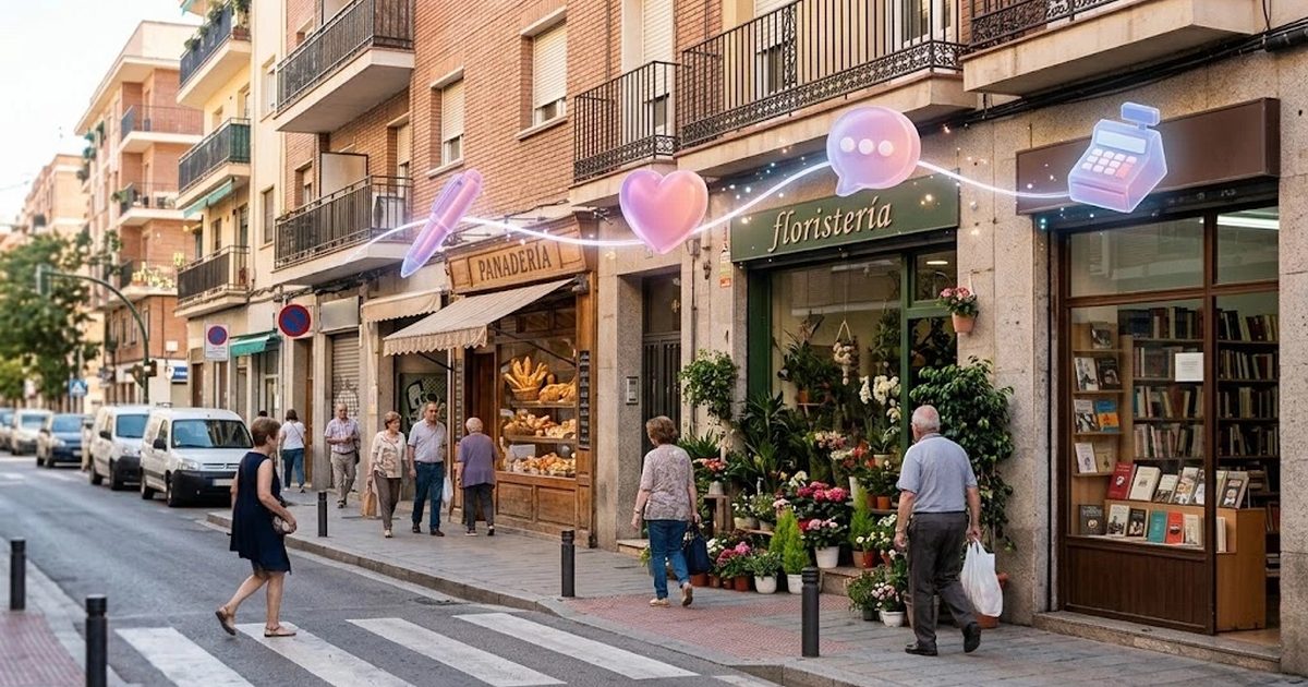 Calle comercial de barrio con pequeños negocios y iconos de contenido, redes, atención al cliente y ventas sobre los escaparates