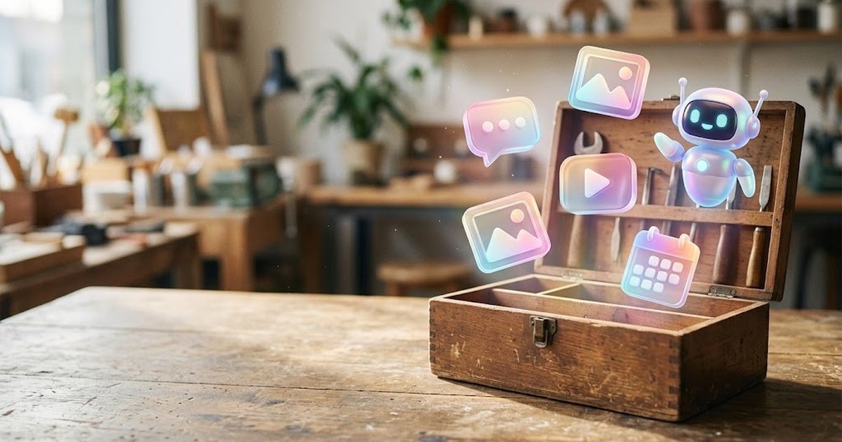 Caja de herramientas abierta con iconos de chat, imagen, vídeo y calendario que representan distintas herramientas de IA para negocios
