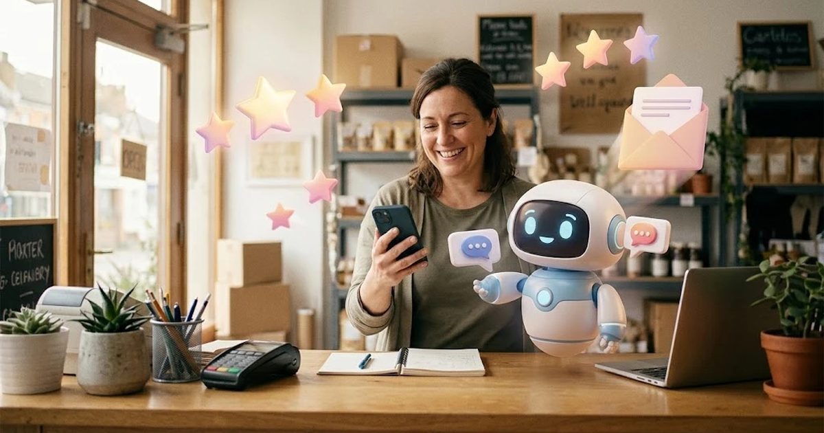 Mostrador de atención con una persona sonriente y un asistente virtual amable que responde mensajes a su lado
