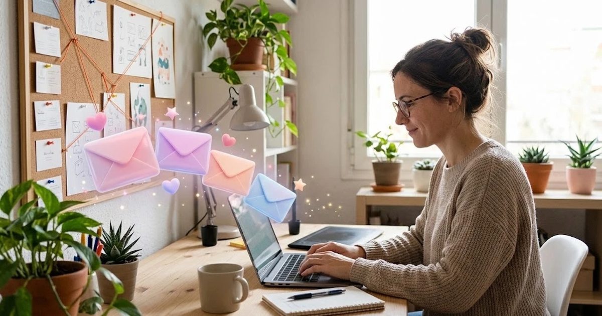 Autónoma en su pequeño estudio revisando en el portátil correos a clientes mientras sobres 3D salen volando de la pantalla