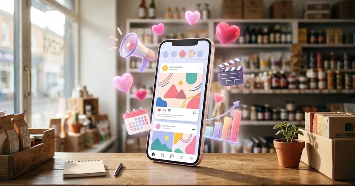 Teléfono móvil con publicaciones de redes sociales rodeado de iconos de megáfono, corazones y un calendario