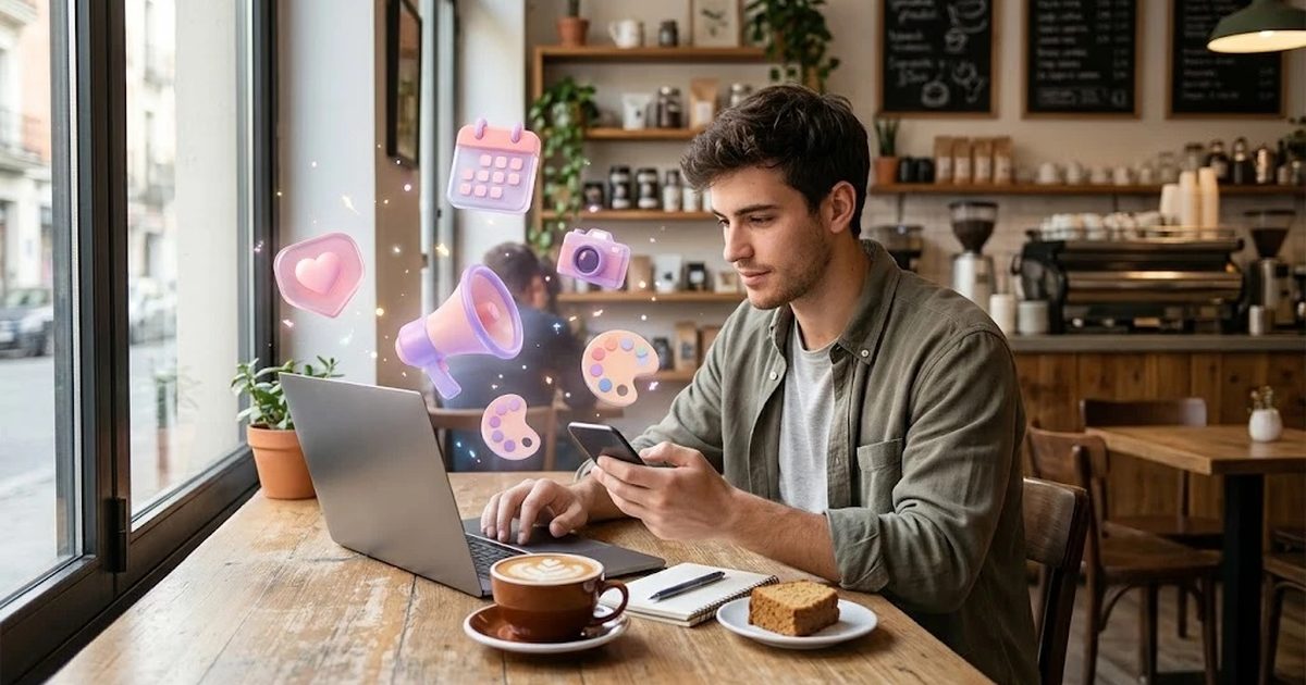 Joven que lleva las redes de la cafetería familiar trabajando con el móvil y el portátil junto a la ventana