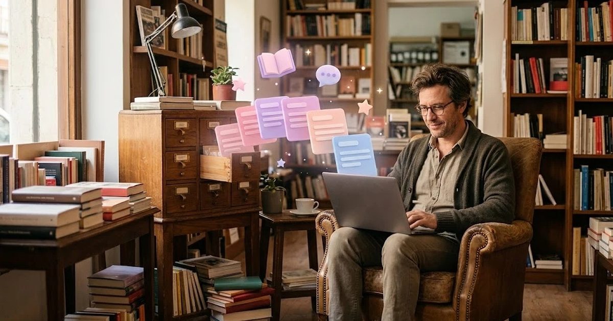 Dueño de una librería usando prompts de un fichero de tarjetas en su portátil